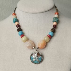 Natural Stone Necklace w/ Sterling Silver Clasp Pendant Crushed Turquoise Boho